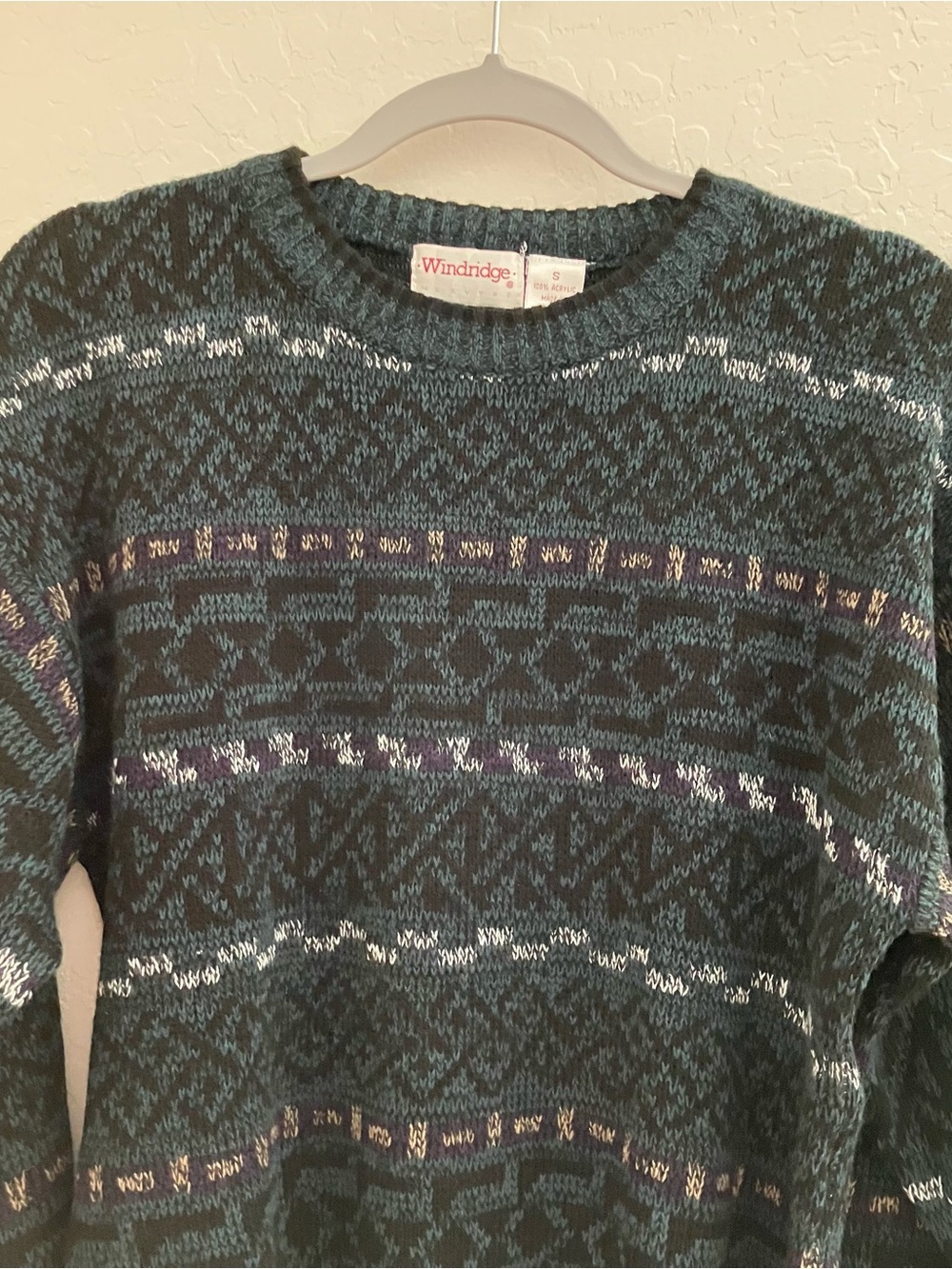 Vintage Windridge Crewneck Knit Sweater Men’s Small Teal Black Geometric - Picture 5 of 8